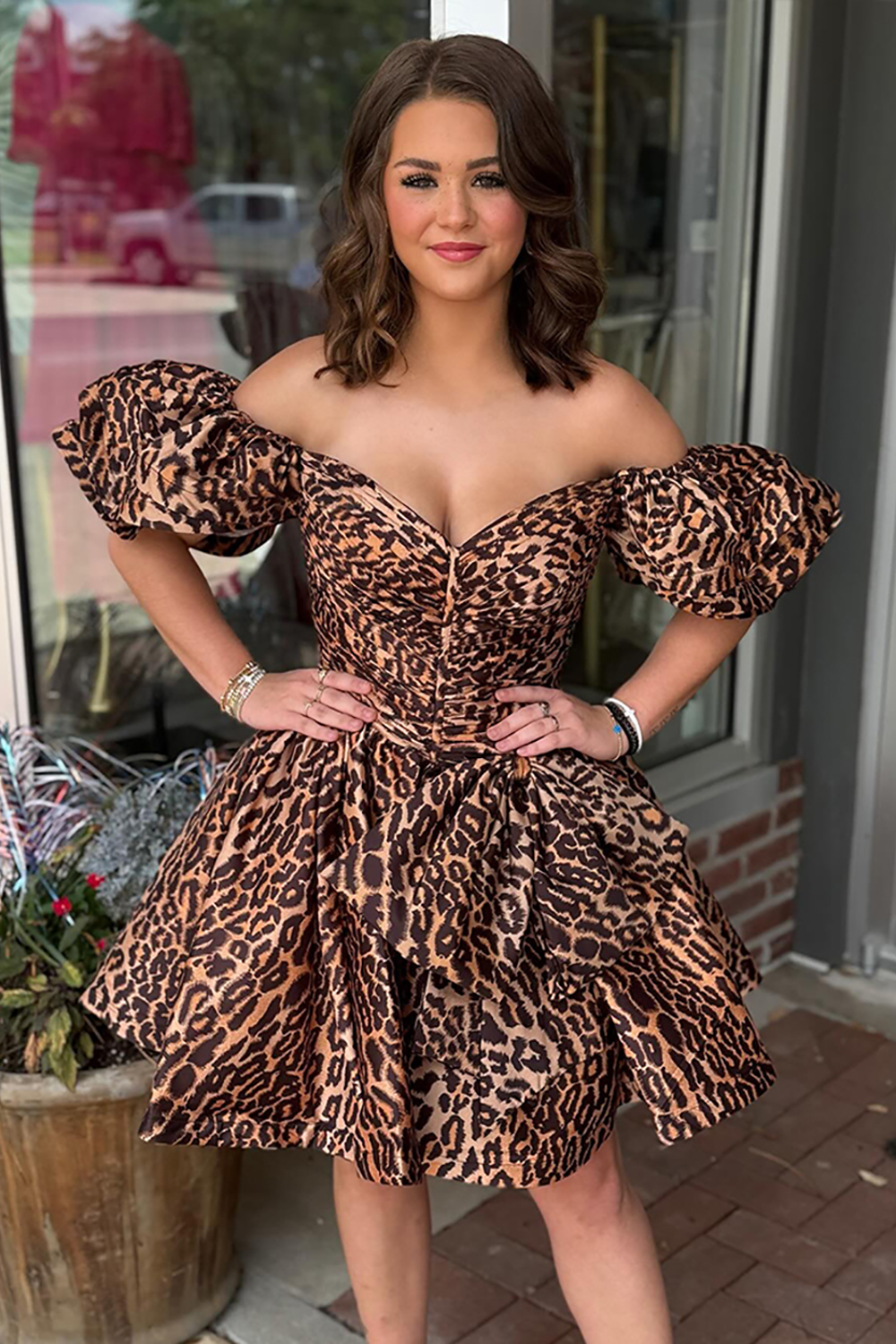 Brown Leopard Off The Shoulder Ruffled Short Homecoming Dress
