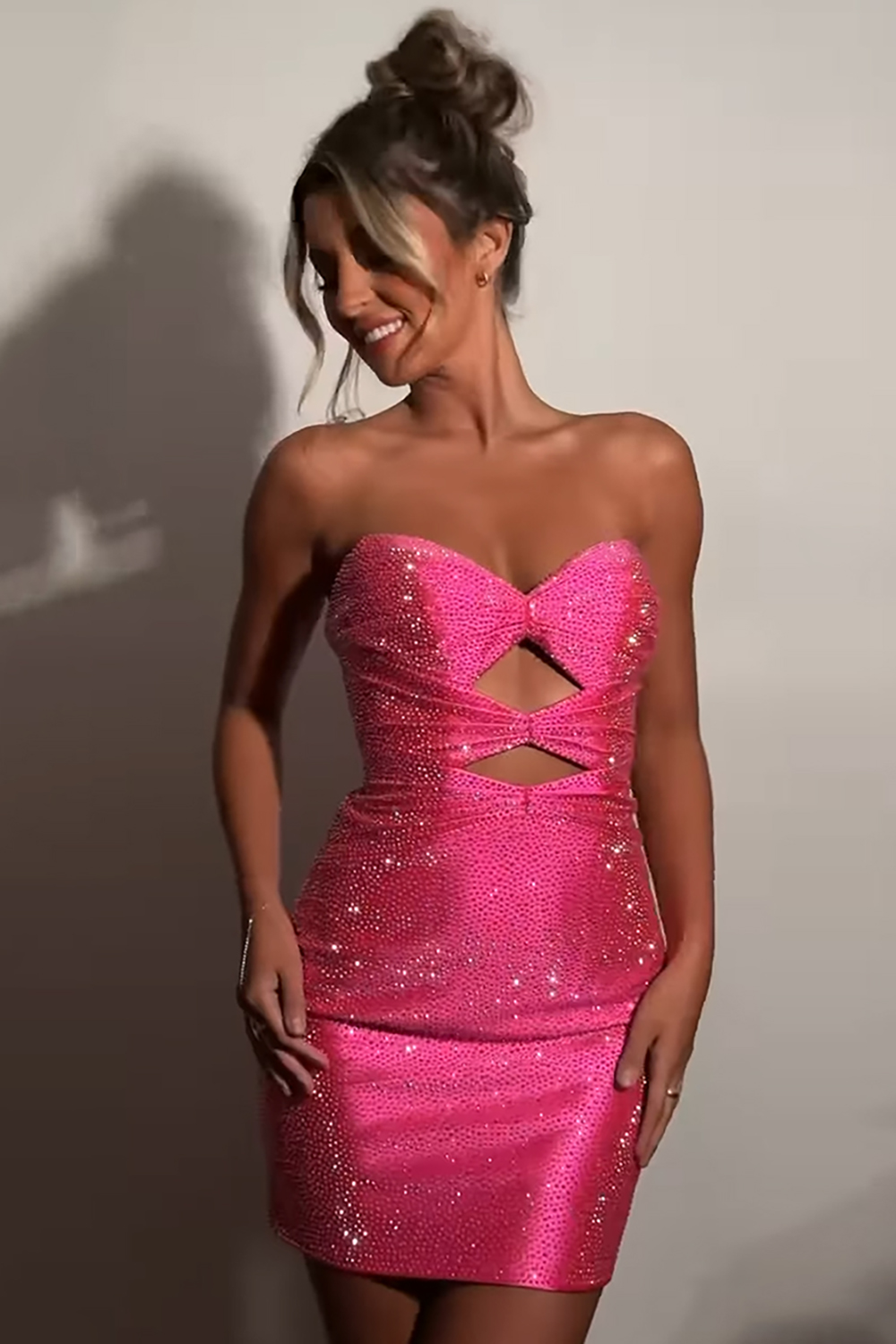 Homrain Women Sparkly Fuchsia Tight Short Homecoming Dress Beaded Sweetheart Cut Out Hoco Dress