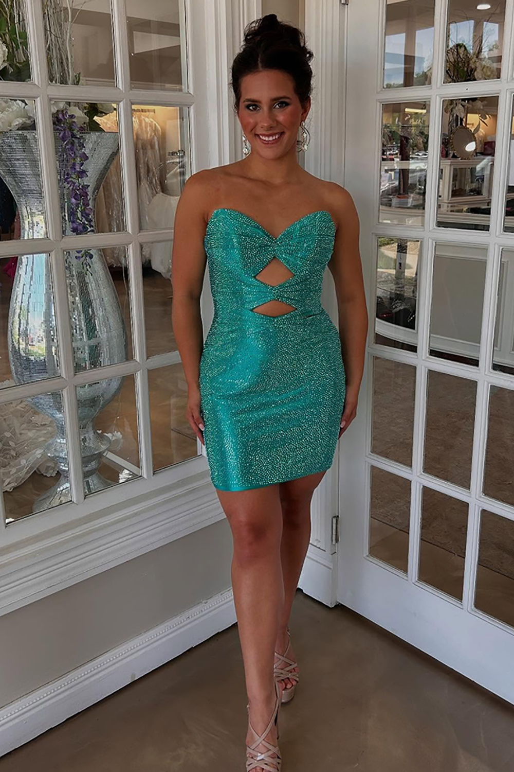 Homrain Women Sparkly Peacock Green Tight Short Homecoming Dress Beaded Sweetheart Cut Out Hoco Dress