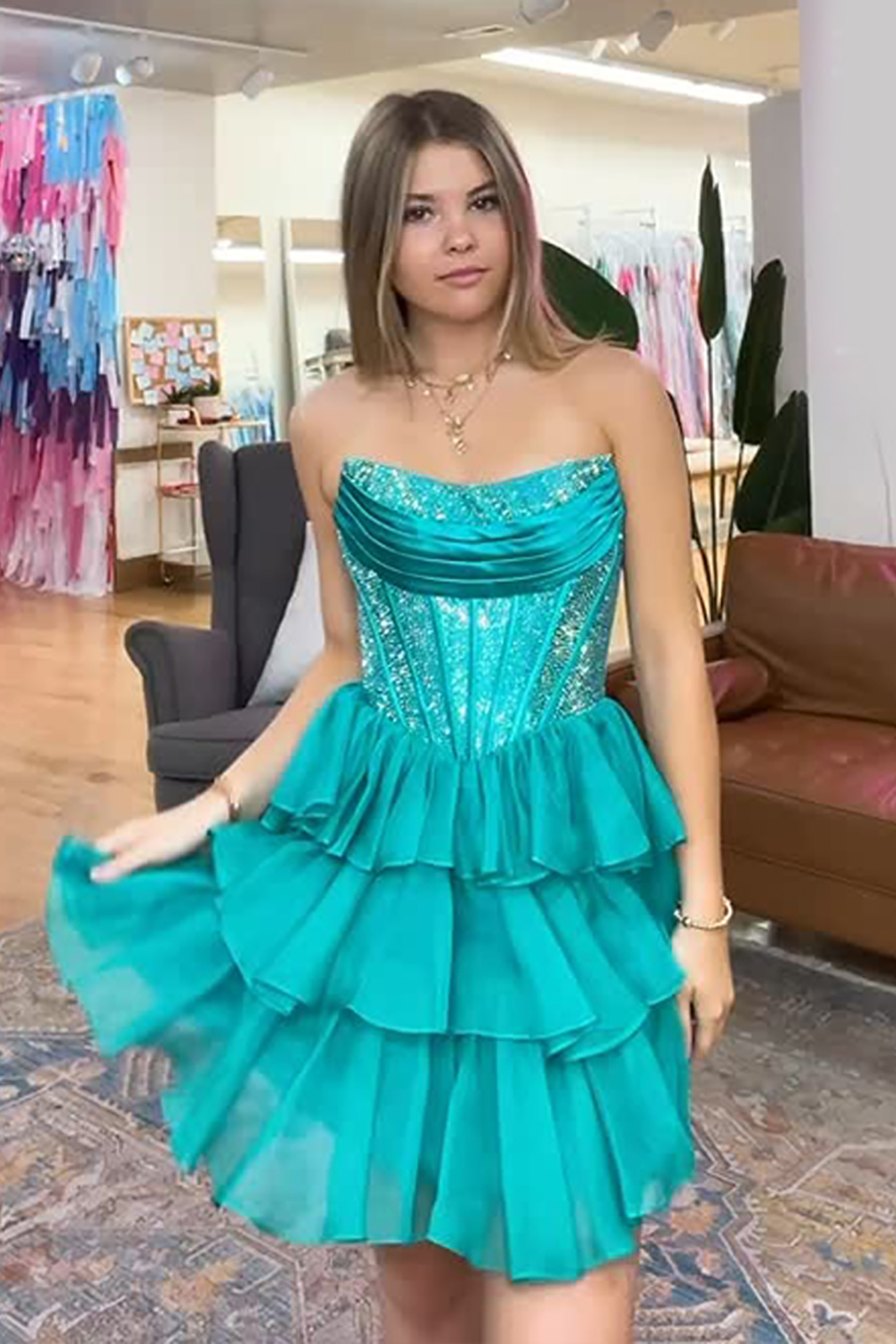 Sparkly Black Beaded Corset A Line Short Homecoming Dress with Ruffles