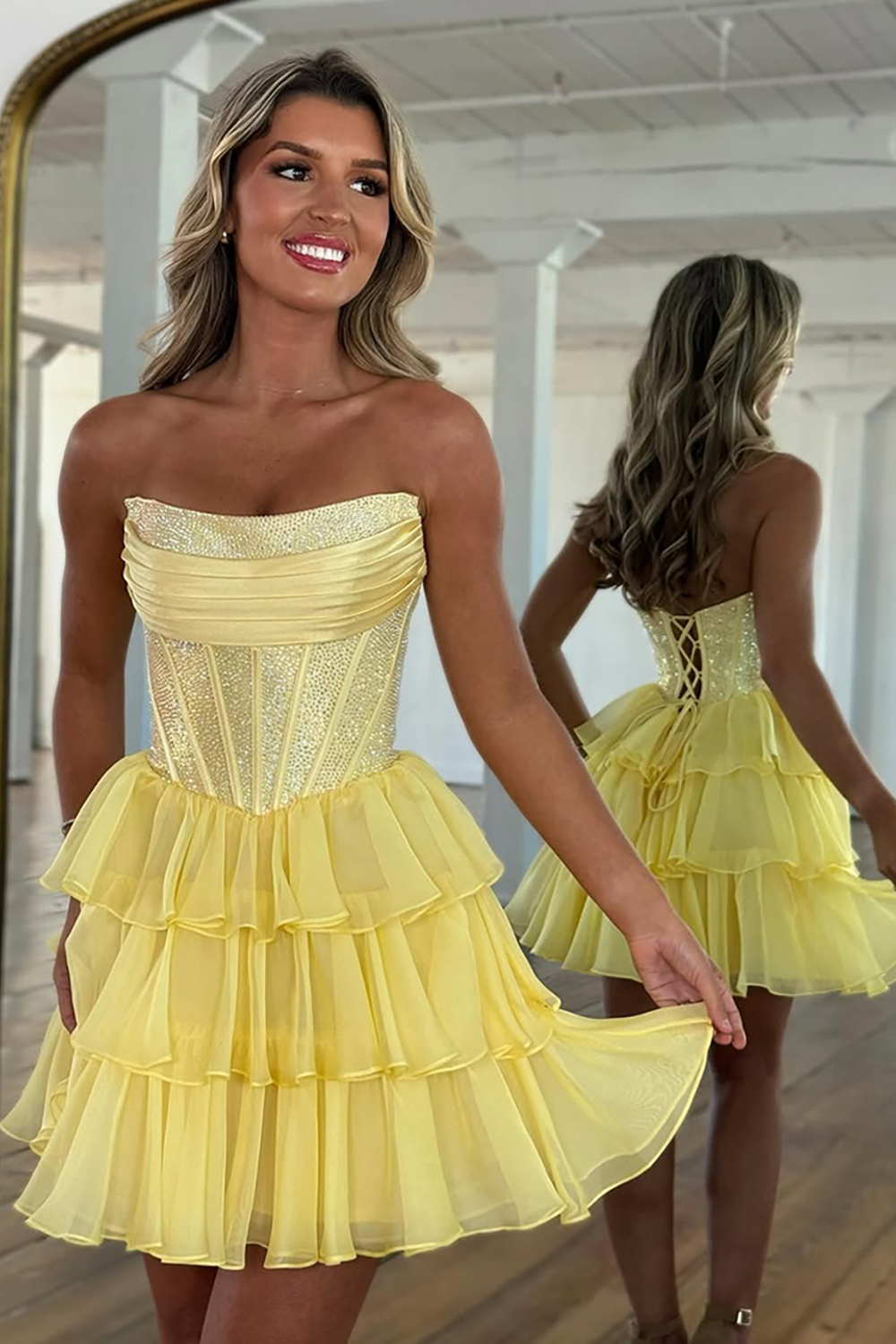Sparkly Yellow Beaded Corset A Line Short Homecoming Dress with Ruffles