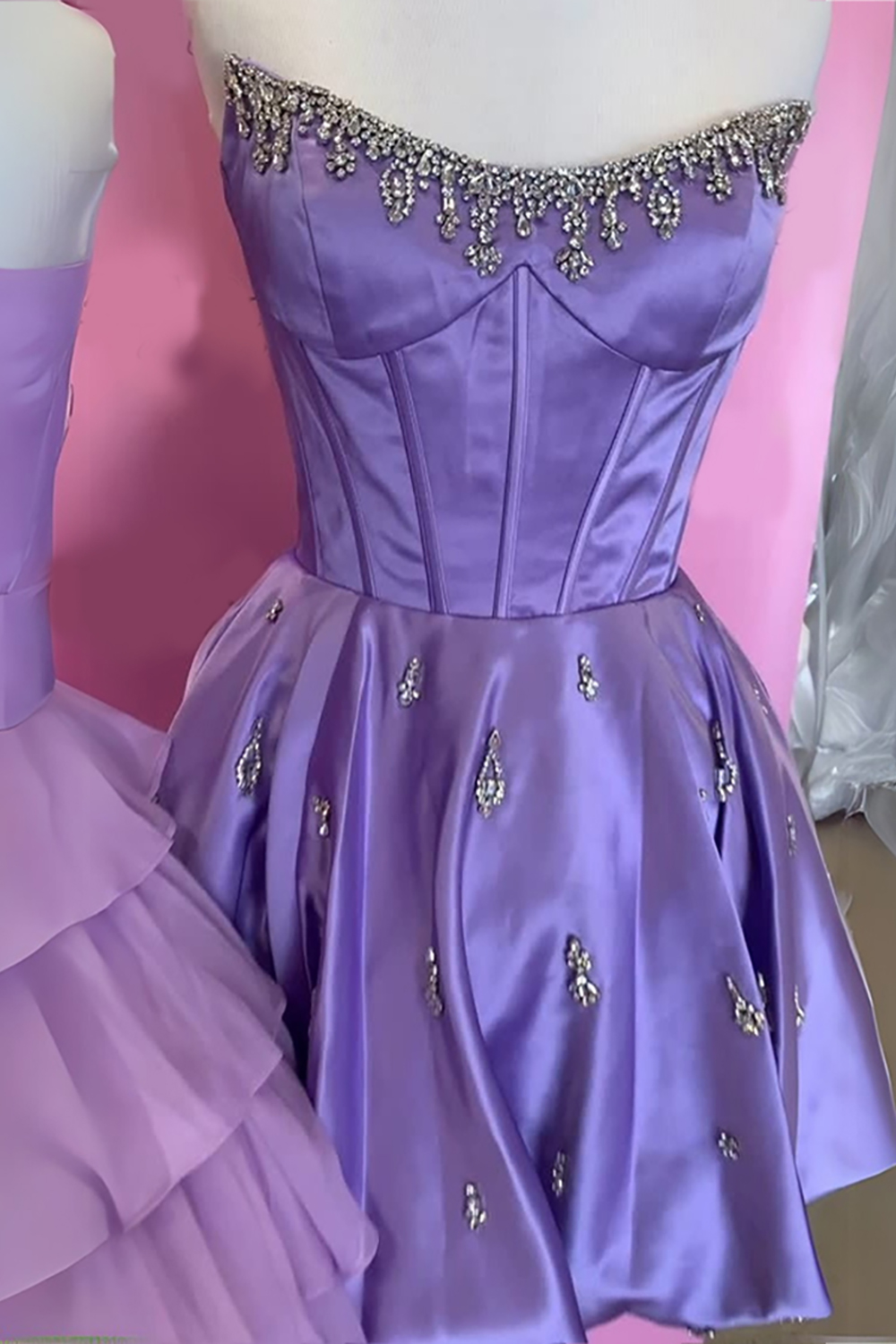 Sparkly Pink Corset Strapless Short Homecoming Dress with Rhinestone