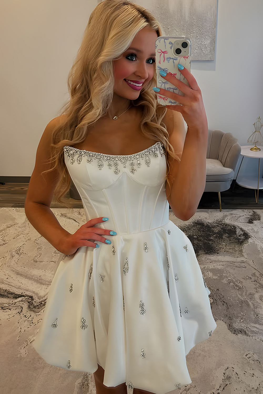 Sparkly White Corset Strapless Short Homecoming Dress with Rhinestone