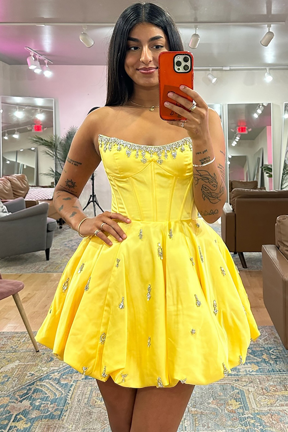 Sparkly Pink Corset Strapless Short Homecoming Dress with Rhinestone