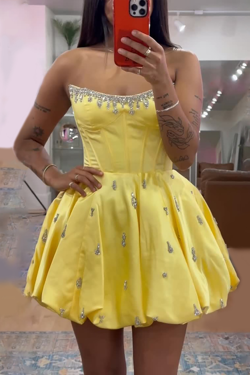 Sparkly Pink Corset Strapless Short Homecoming Dress with Rhinestone