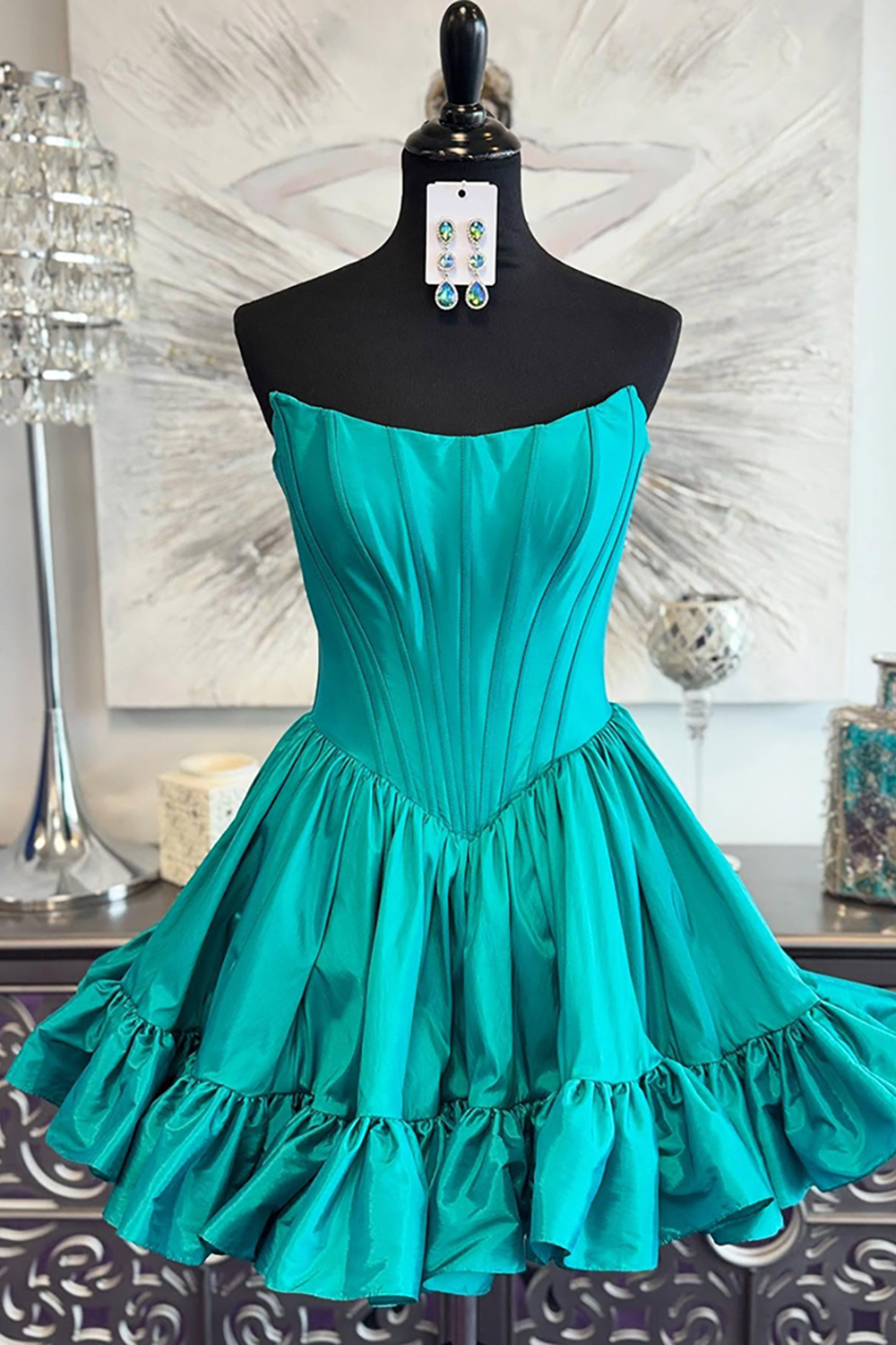 Turquoise Satin Corset A Line Short Homecoming Dress with Ruffles