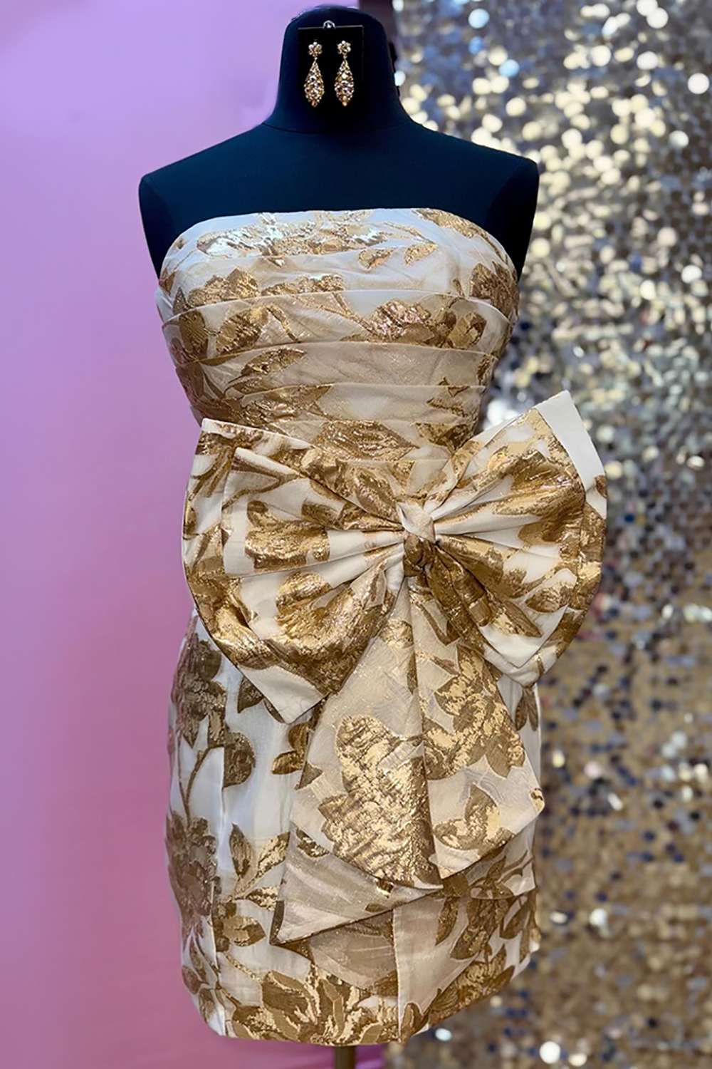 Gold Strapless Ruched Tight Short Homecoming Dress with Bow