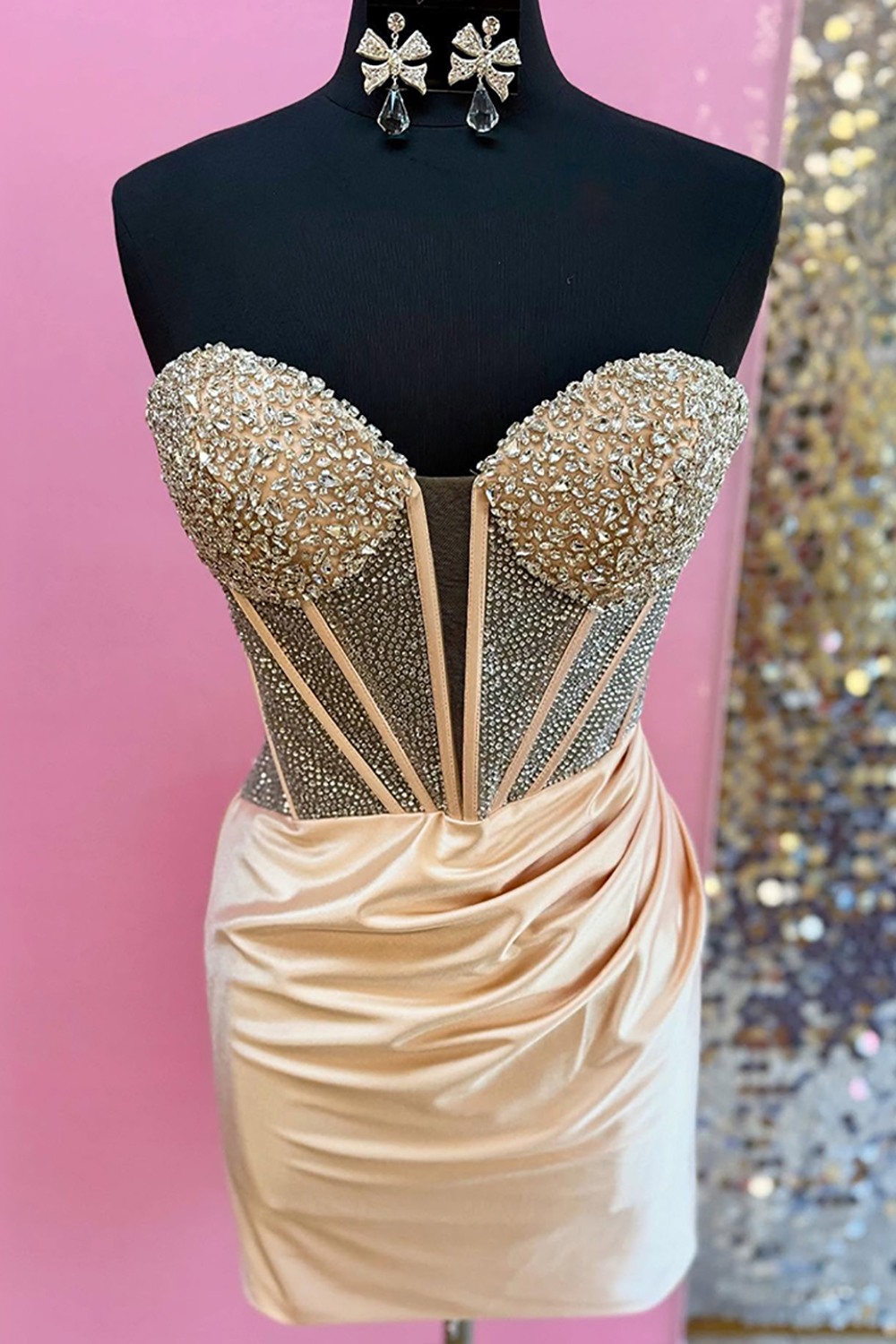 Sparkly Gold Satin Tight Corset Short Homecoming Dress with Beading