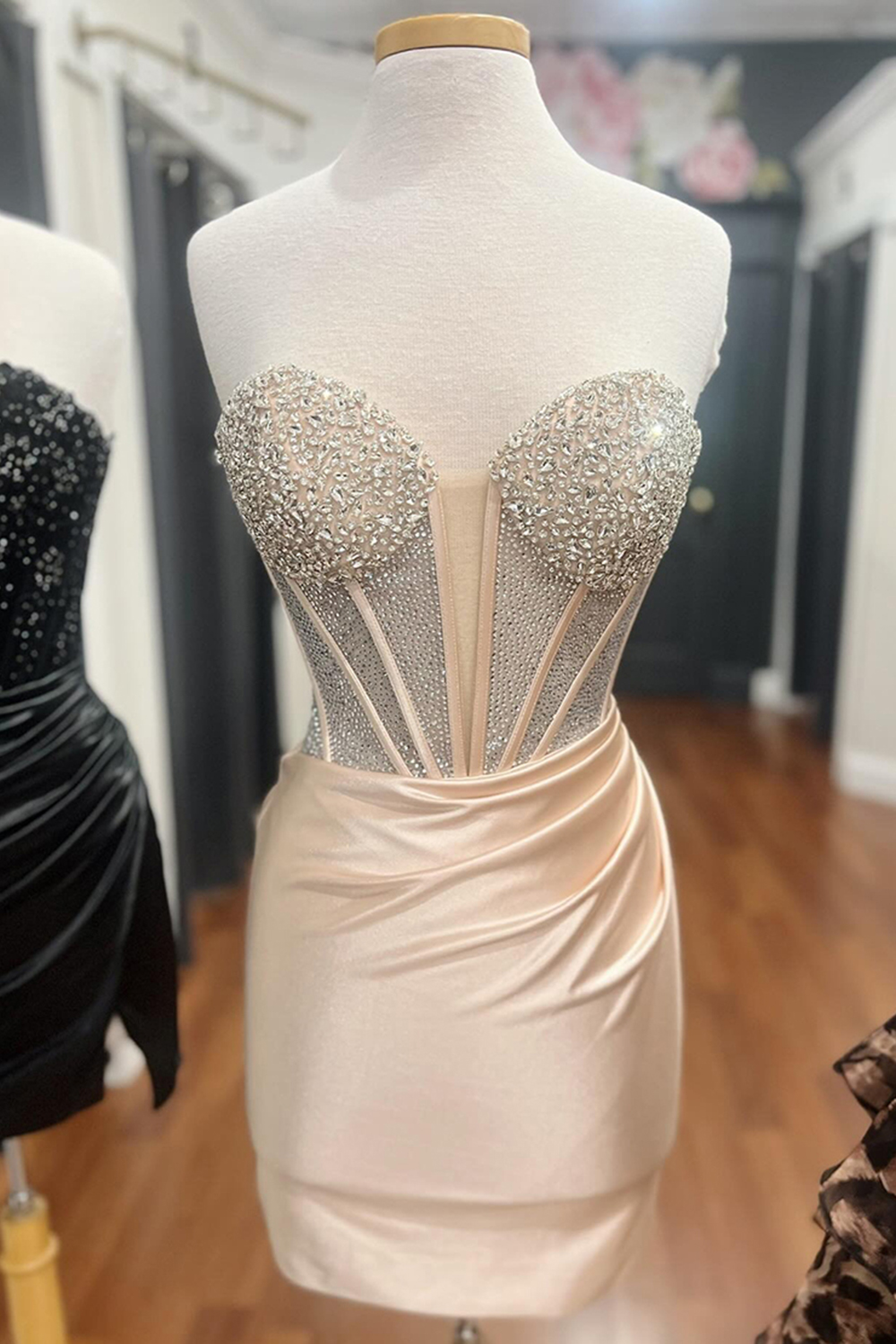 Sparkly Gold Satin Tight Corset Short Homecoming Dress with Beading