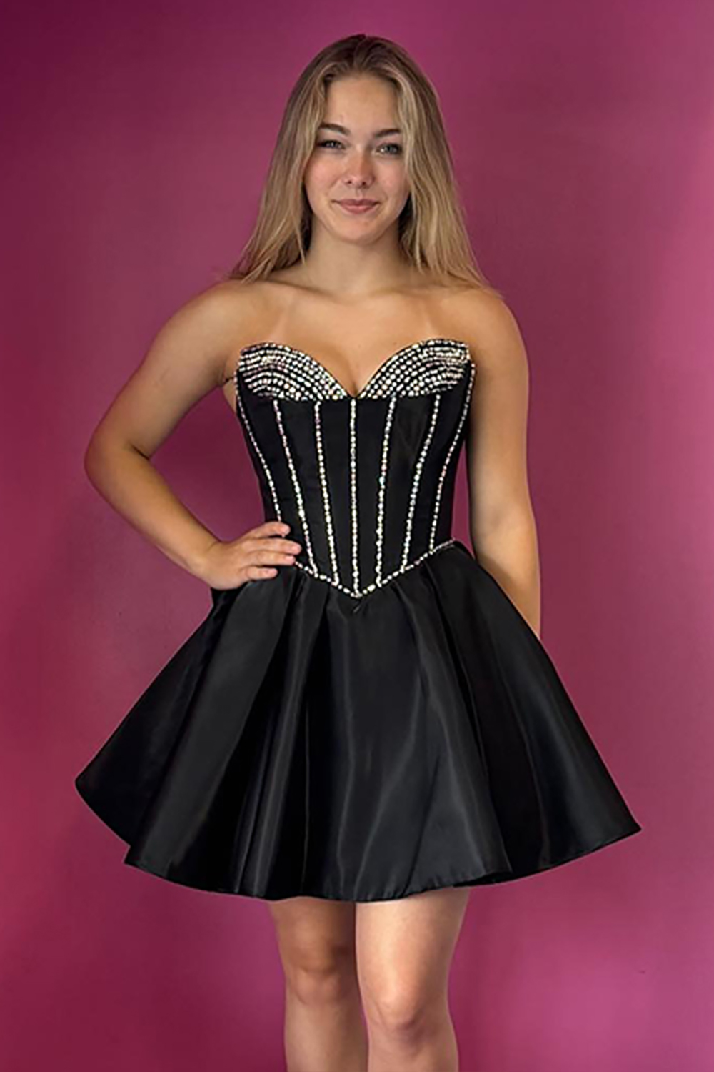 Sparkly Black Sweetheart Satin Short Corset Homecoming Dress with Bow