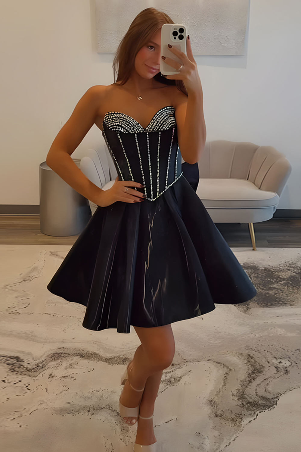 Sparkly Black Corset Beaded A Line Short Homecoming Dress with Bow