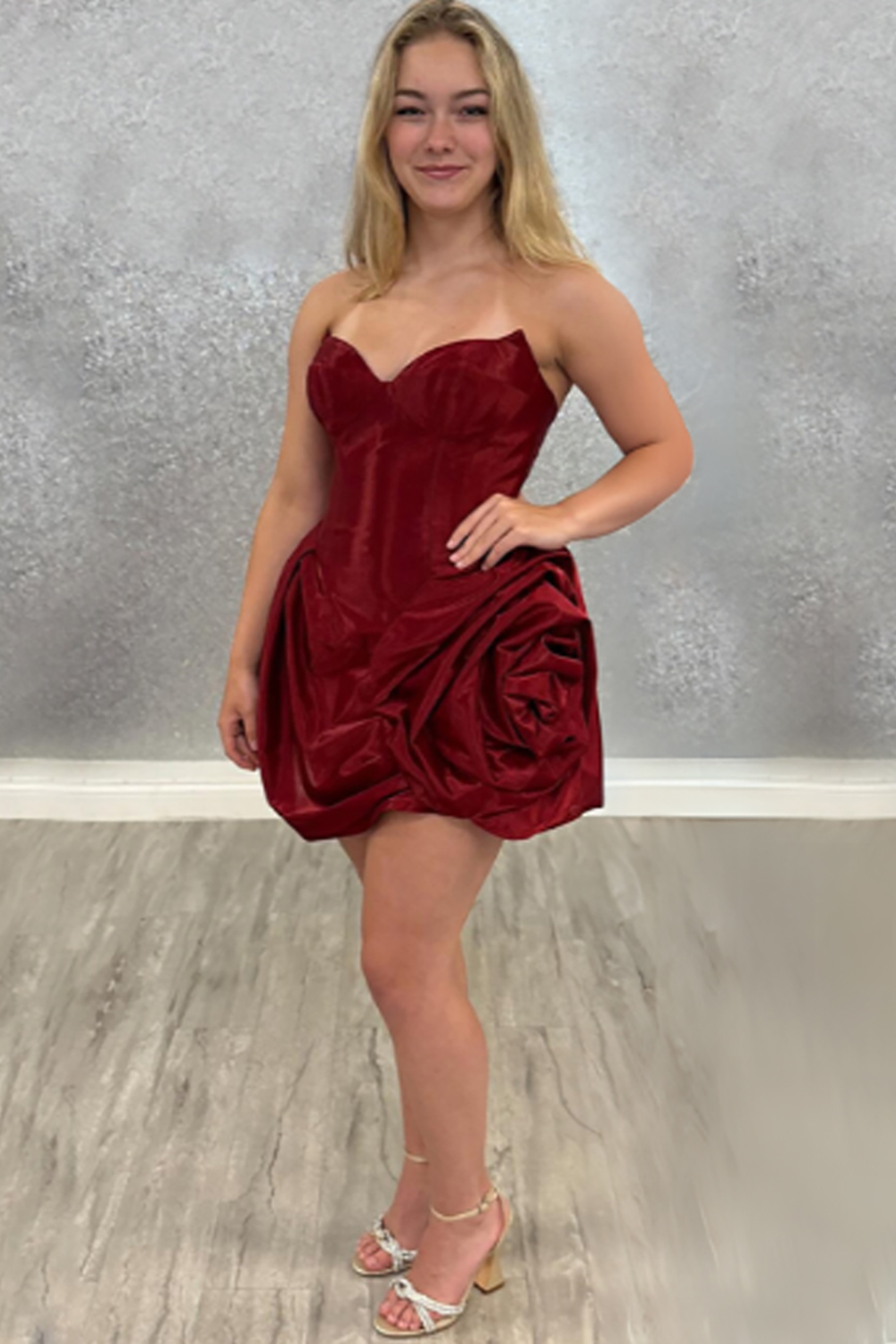 Burgundy Floral Ruffled A Line Detachable Short Homecoming Dress
