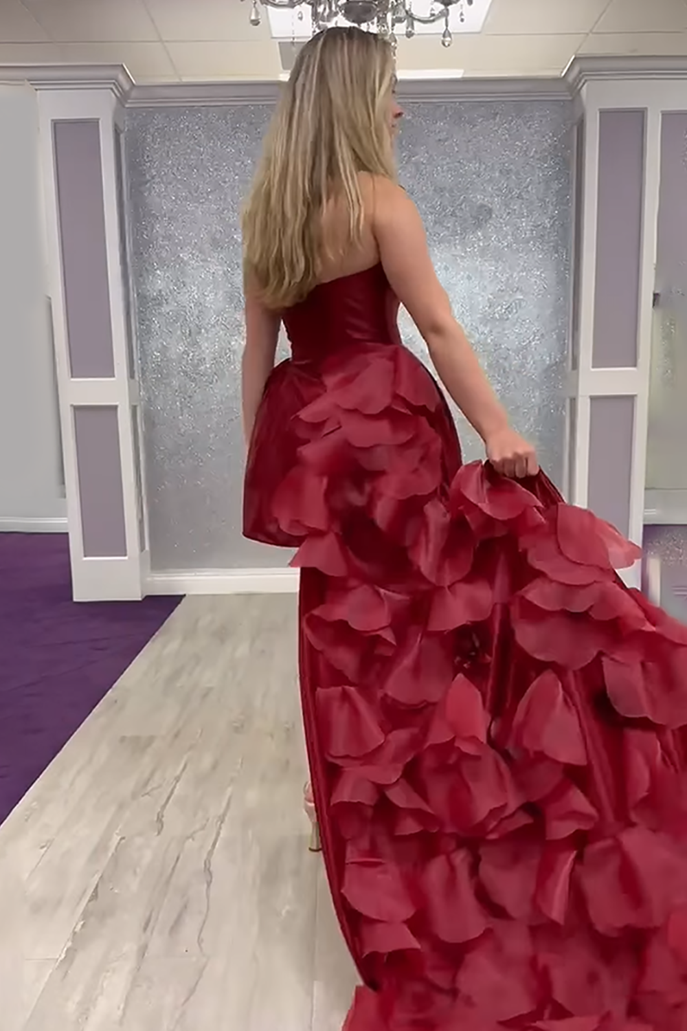 Burgundy Floral Ruffled A Line Detachable Short Homecoming Dress