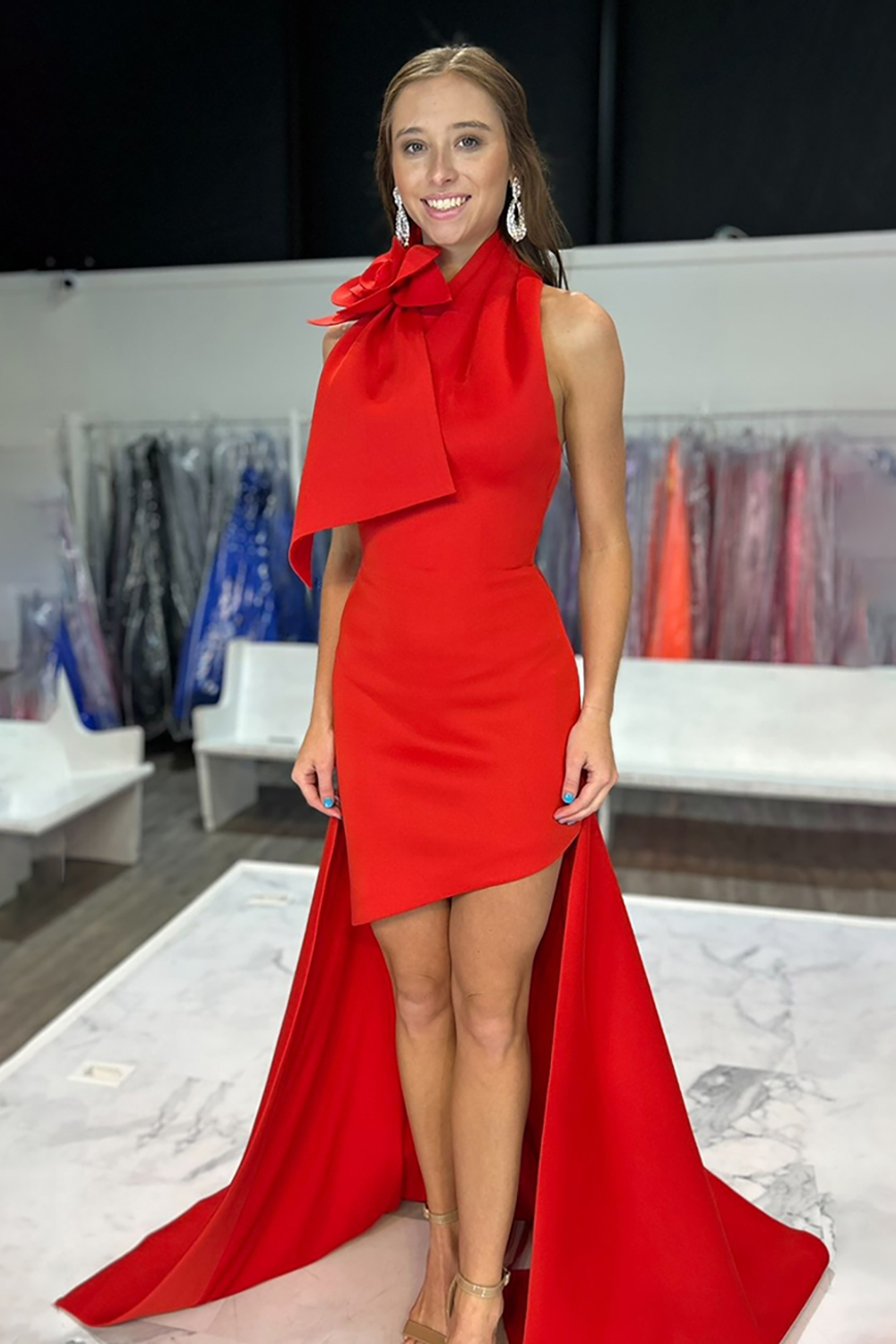 Red Satin Tight High-Low Homecoming Dress with 3D Flower