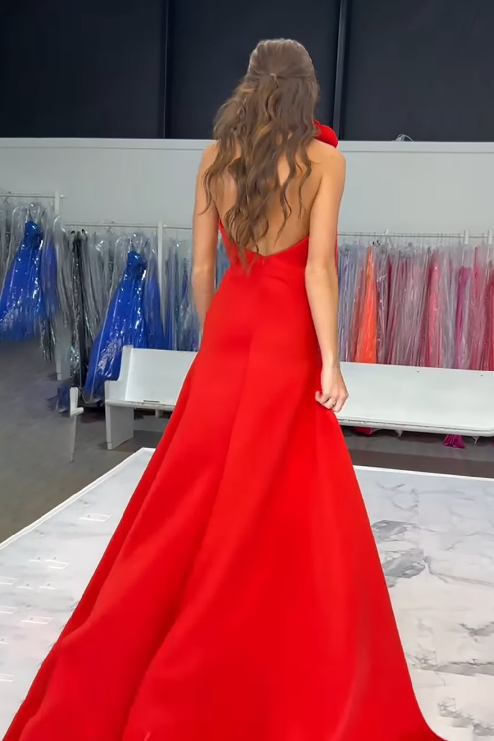 Red Satin Tight High-Low Homecoming Dress with 3D Flower