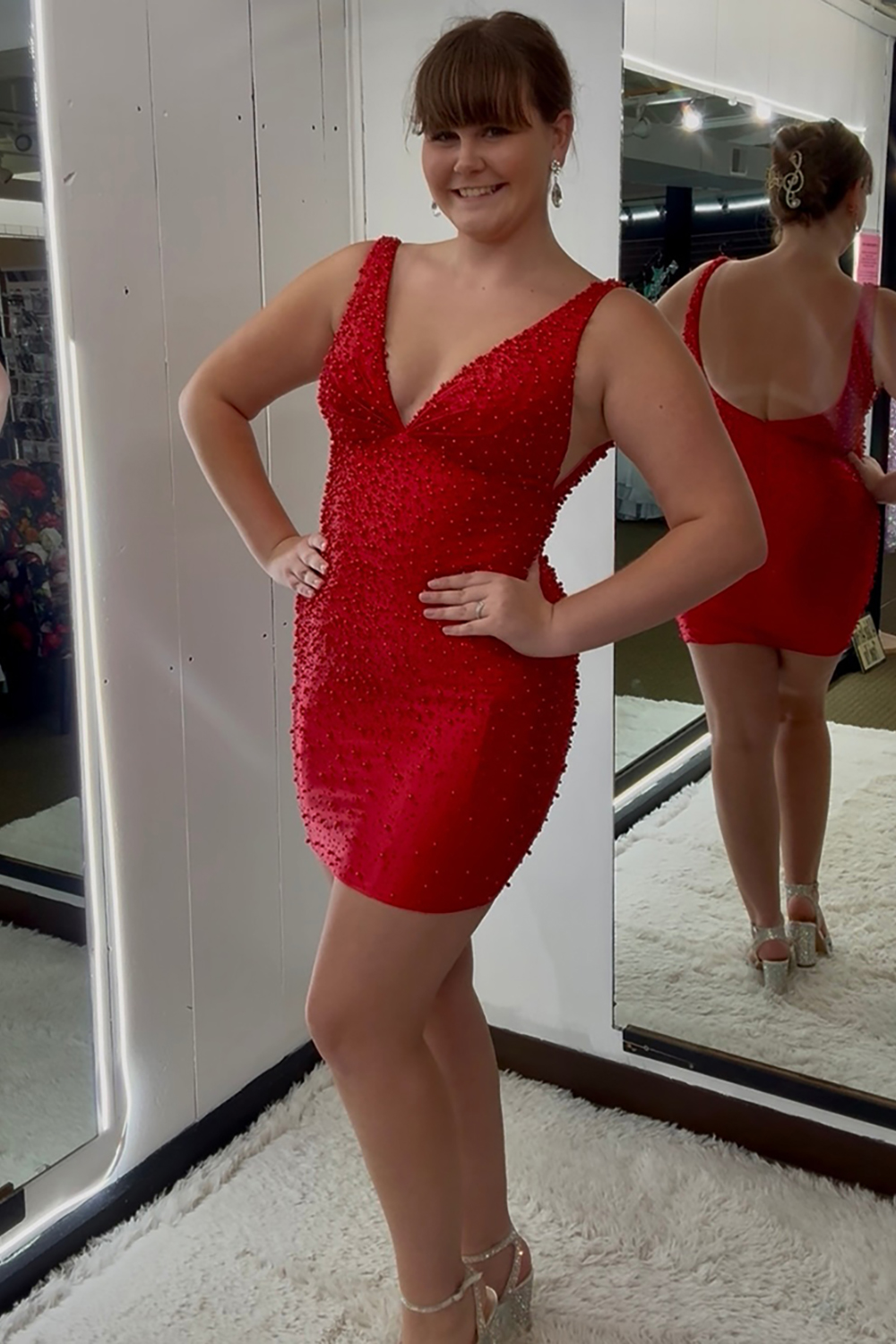 Sparkly Fuchsia Tight V Neck Short Homecoming Dress with Beading