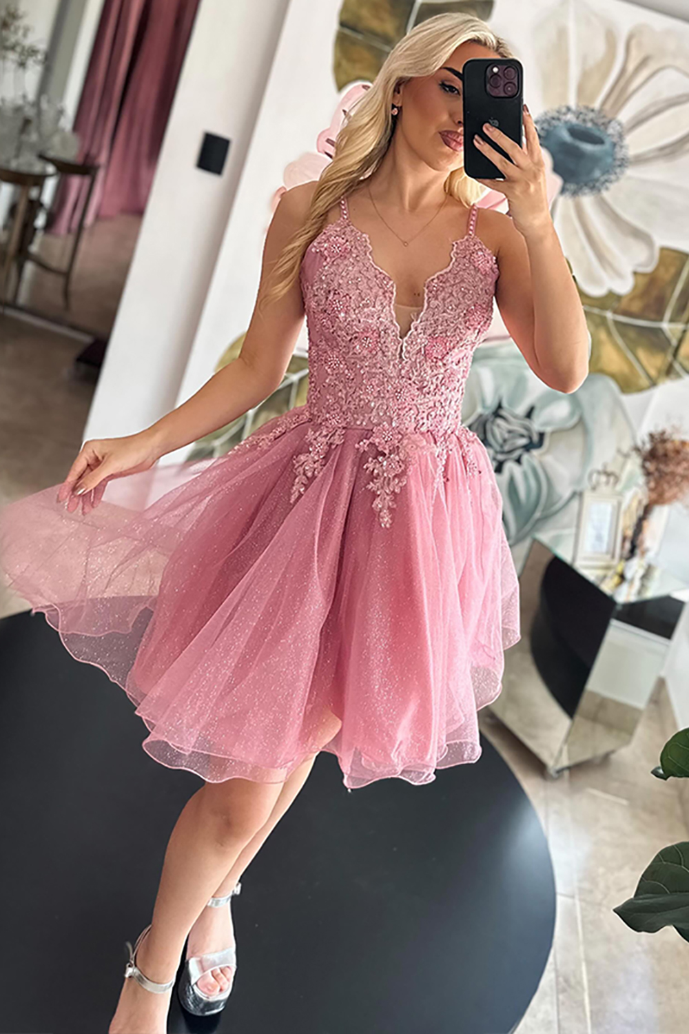 Sparkly Blush Tulle A Line Short Homecoming Dress with Appliques