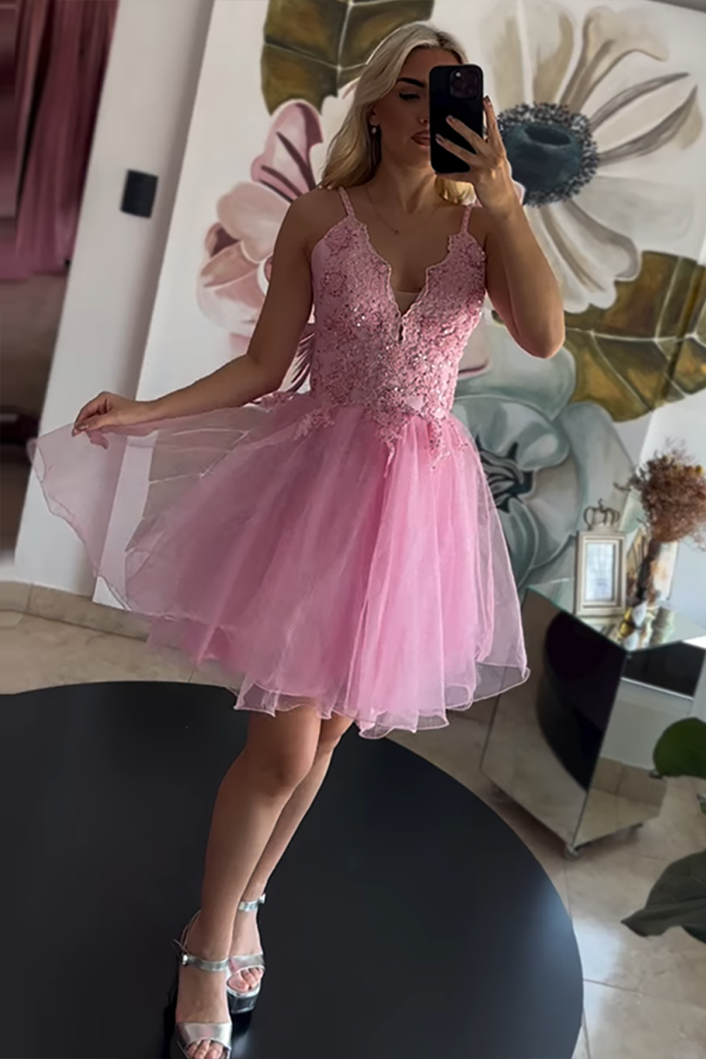 Sparkly Blush Tulle A Line Short Homecoming Dress with Appliques