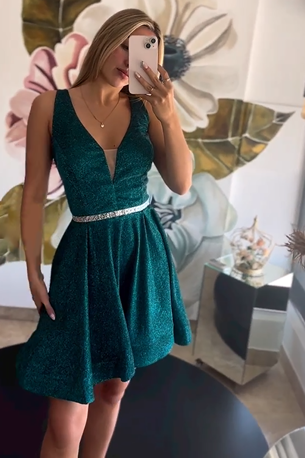Champagne A Line V-Neck Short Homecoming Dress