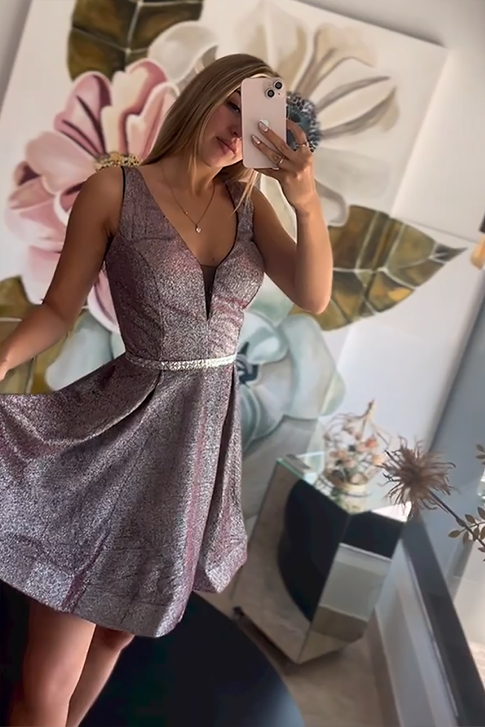 Champagne A Line V-Neck Short Homecoming Dress