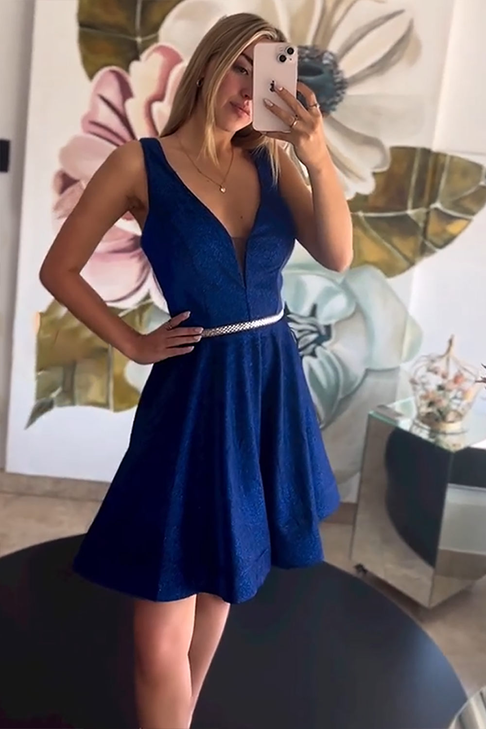 Champagne A Line V-Neck Short Homecoming Dress