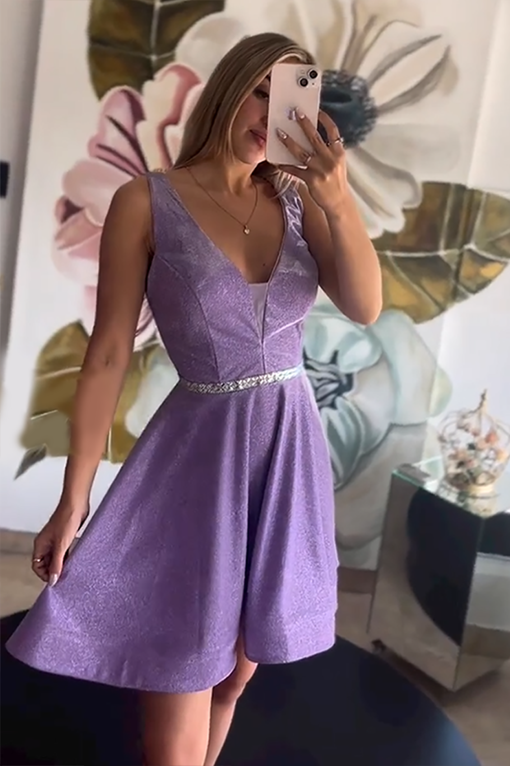 Champagne A Line V-Neck Short Homecoming Dress