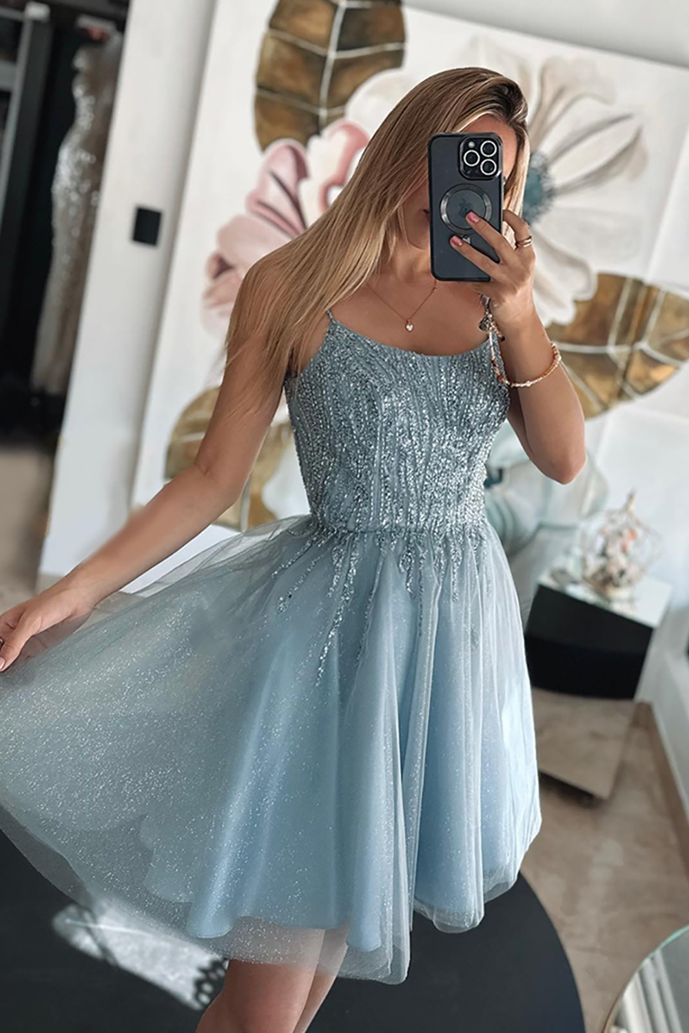Sparkly Grey Blue Tulle A Line Short Homecoming Dress with Sequins