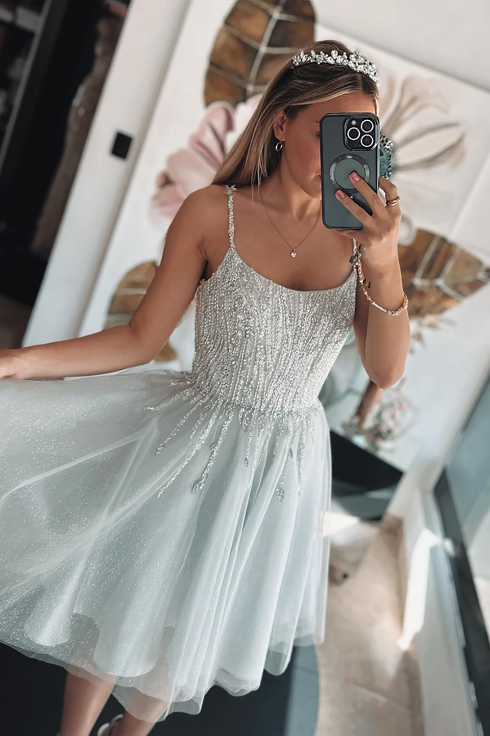 Sparkly Grey Blue Tulle A Line Short Homecoming Dress with Sequins