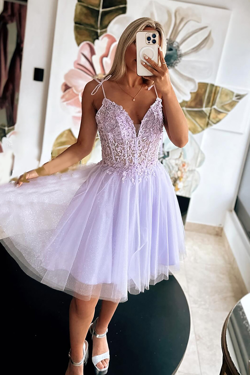 Lilac Corset Tulle A Line Short Homecoming Dress with Lace