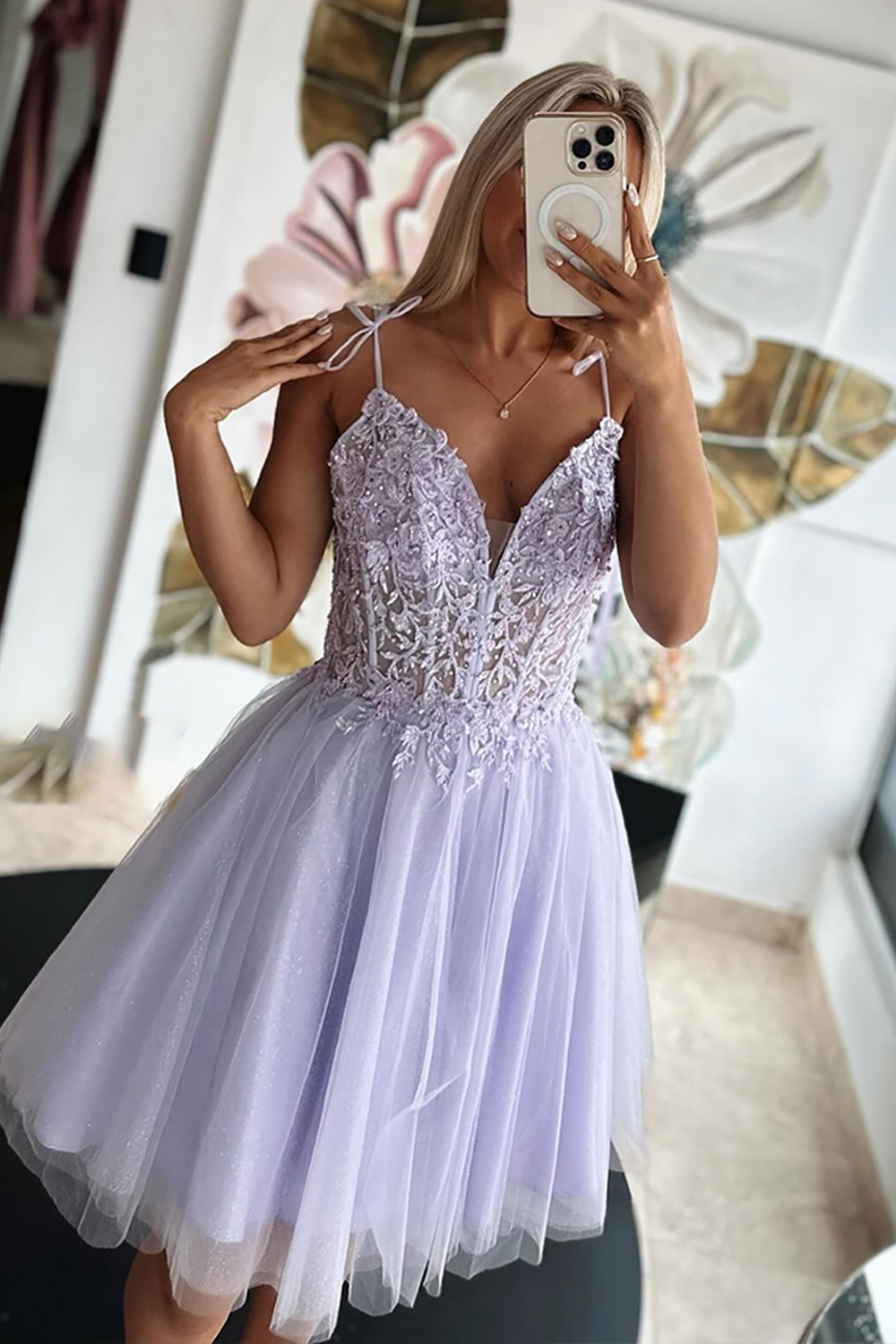Lilac Corset Tulle A Line Short Homecoming Dress with Lace