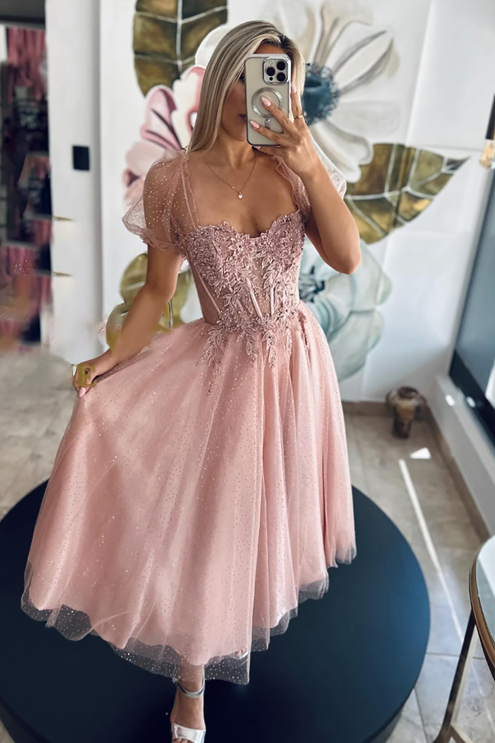 Glitter White Tulle Corset A Line Long Prom Dress with Appliques