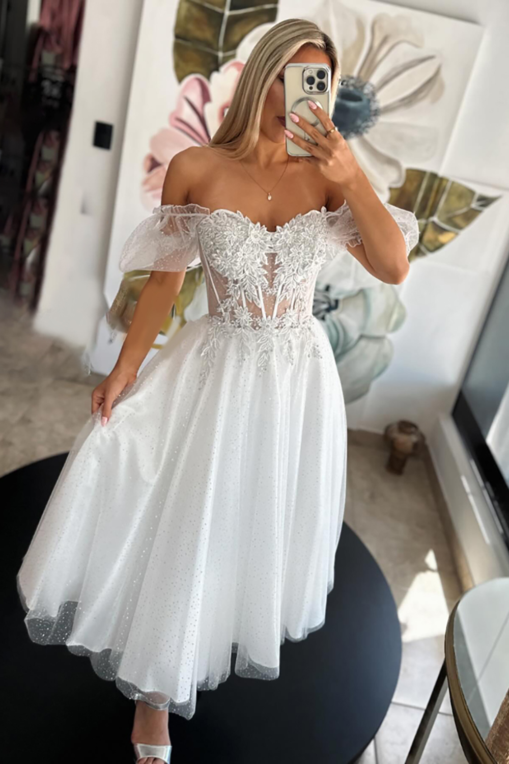 Glitter White Tulle Corset A Line Long Prom Dress with Appliques