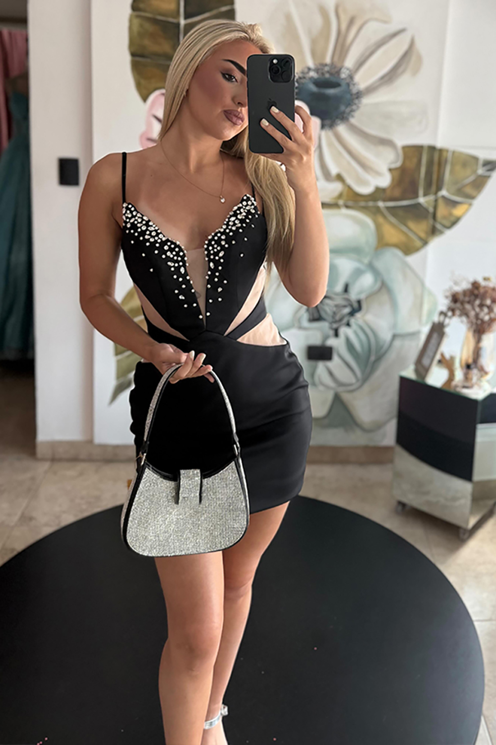 Sparkly Black Satin Tight Beaded Short Homecoming Dress