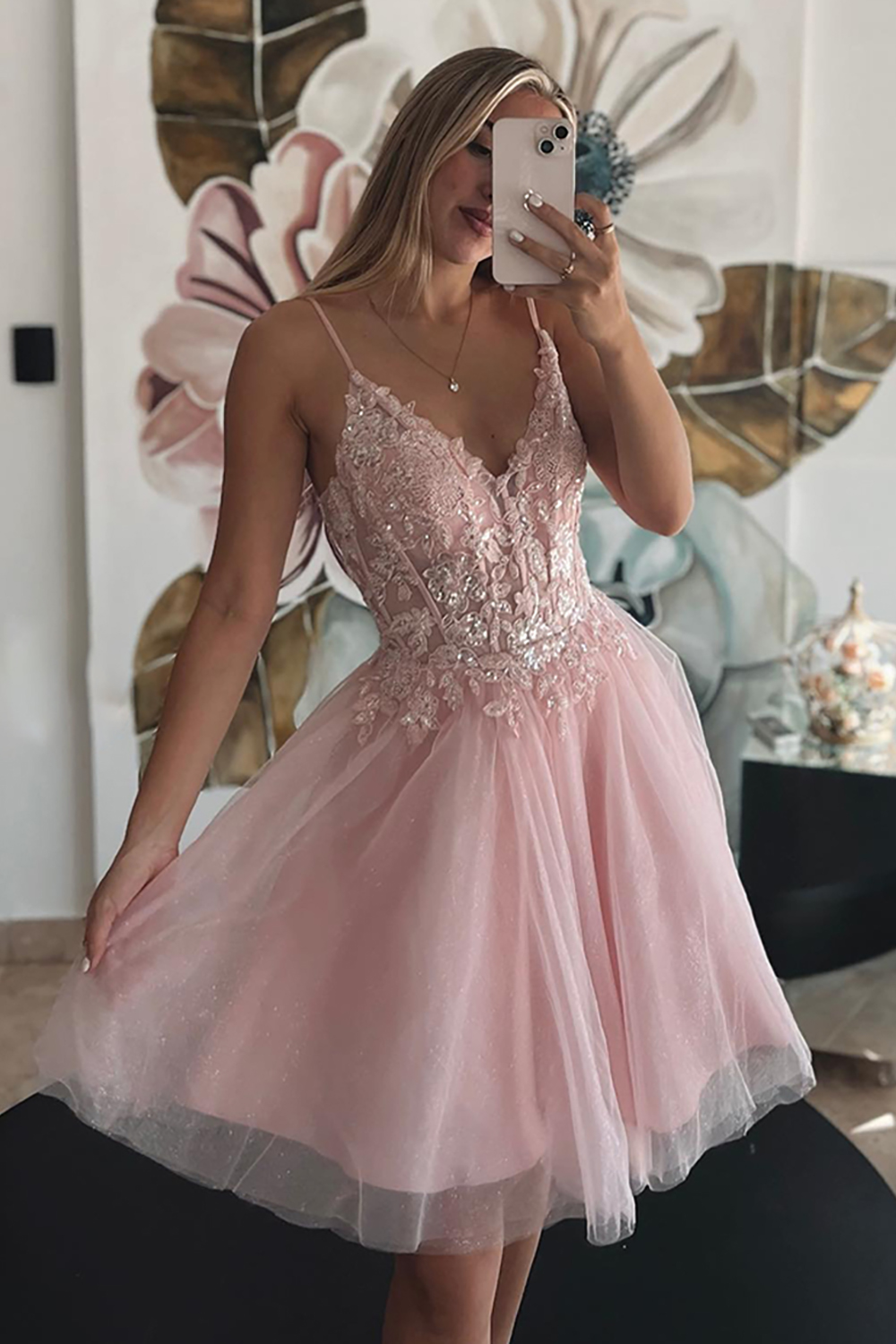 Sparkly Pink Corset A Line Tulle Short Homecoming Dress with Lace