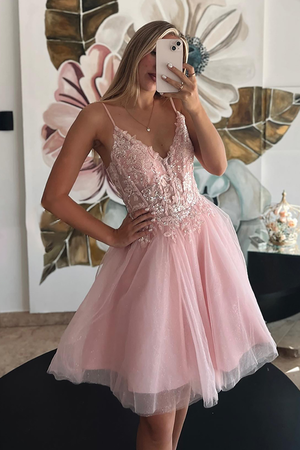 Sparkly Pink Corset A Line Tulle Short Homecoming Dress with Lace