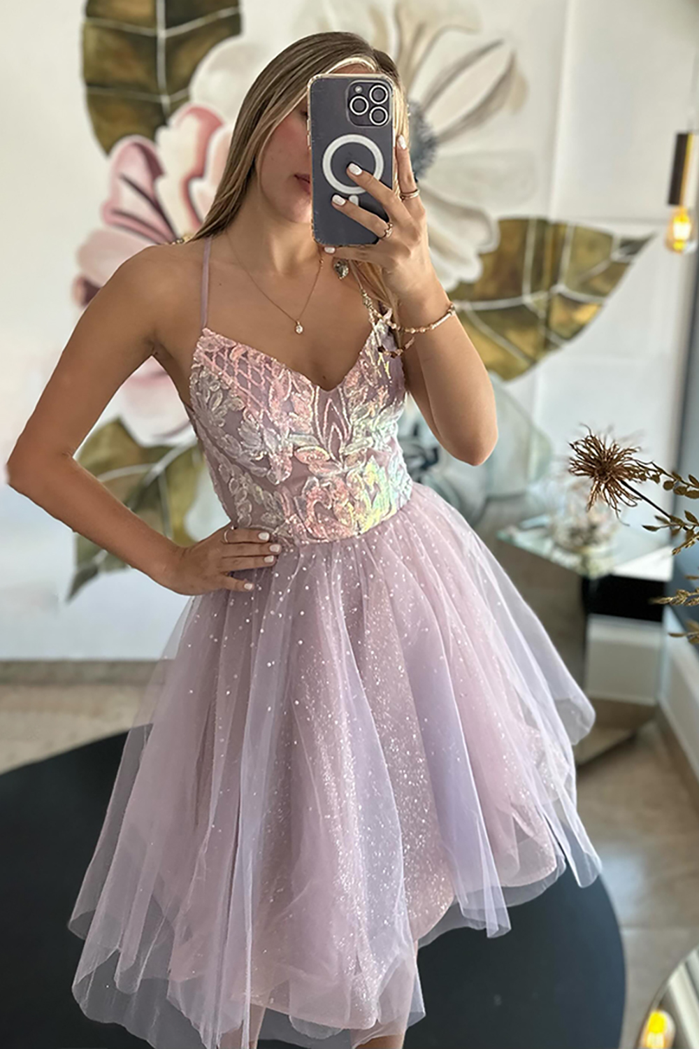 Glitter Grey Purple A Line Short Homecoming Dress with Sequins