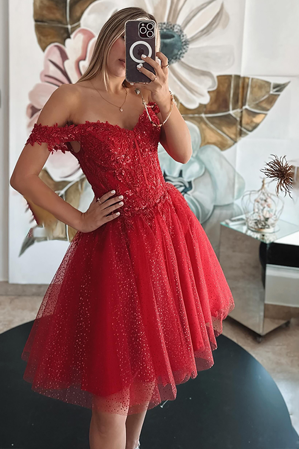 Sparkly Red Corset A Line Short Homecoming Dress with Appliques