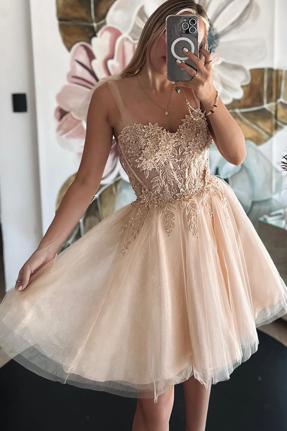 Glitter Grey Blue Tulle A Line Short Homecoming Dress with Appliques