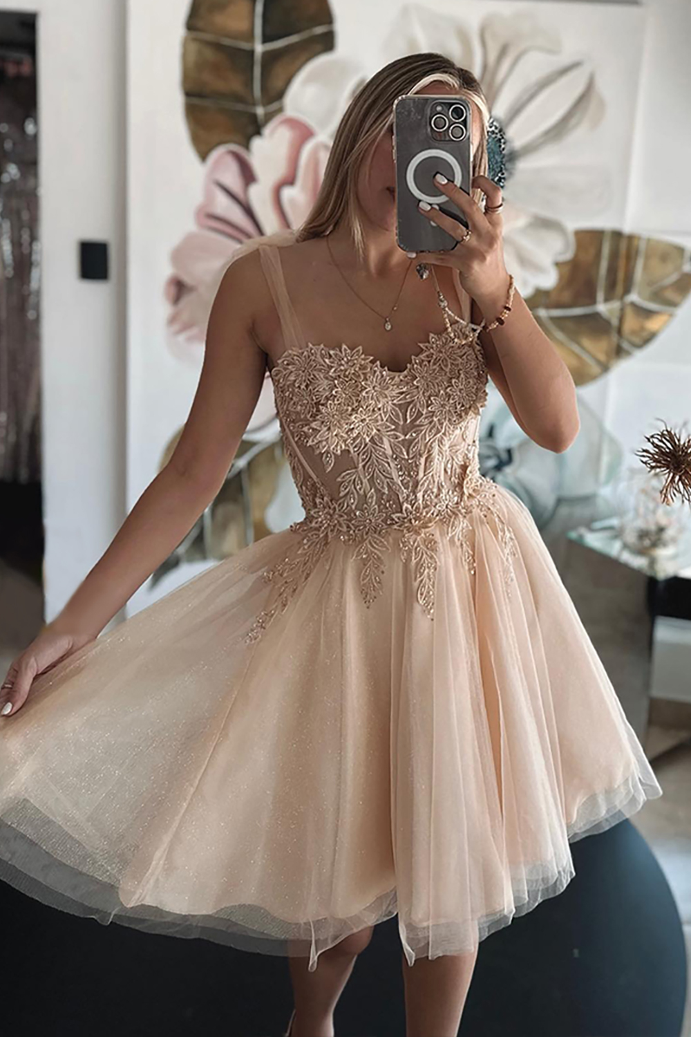 Glitter Grey Blue Tulle A Line Short Homecoming Dress with Appliques