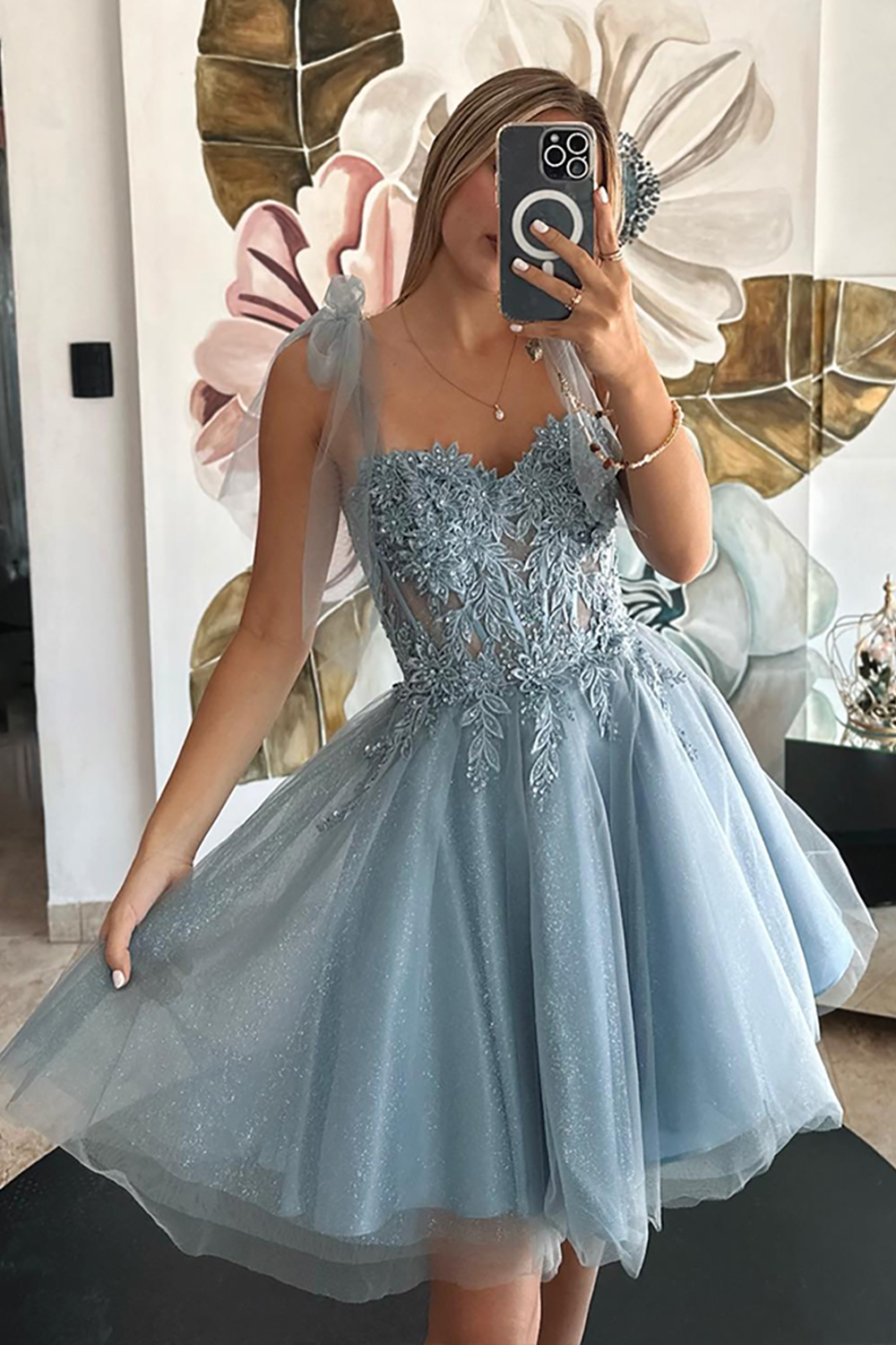 Glitter Grey Blue Tulle A Line Short Homecoming Dress with Appliques