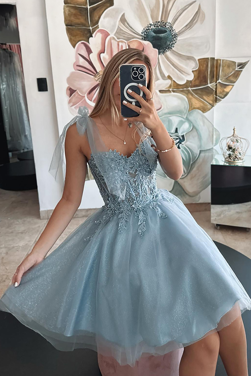 Glitter Grey Blue Tulle A Line Short Homecoming Dress with Appliques