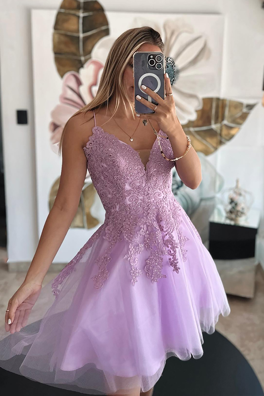 Lilac A Line Tulle Short Homecoming Dress with Lace