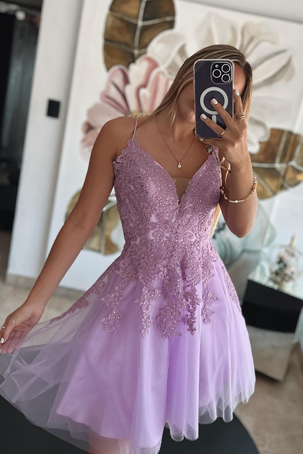 Lilac A Line Tulle Short Homecoming Dress with Lace