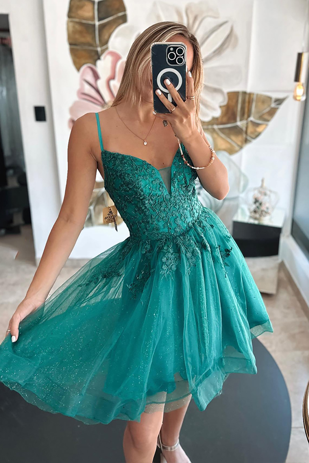 Green Floral Tulle Appliqued A Line Short Homecoming Dress