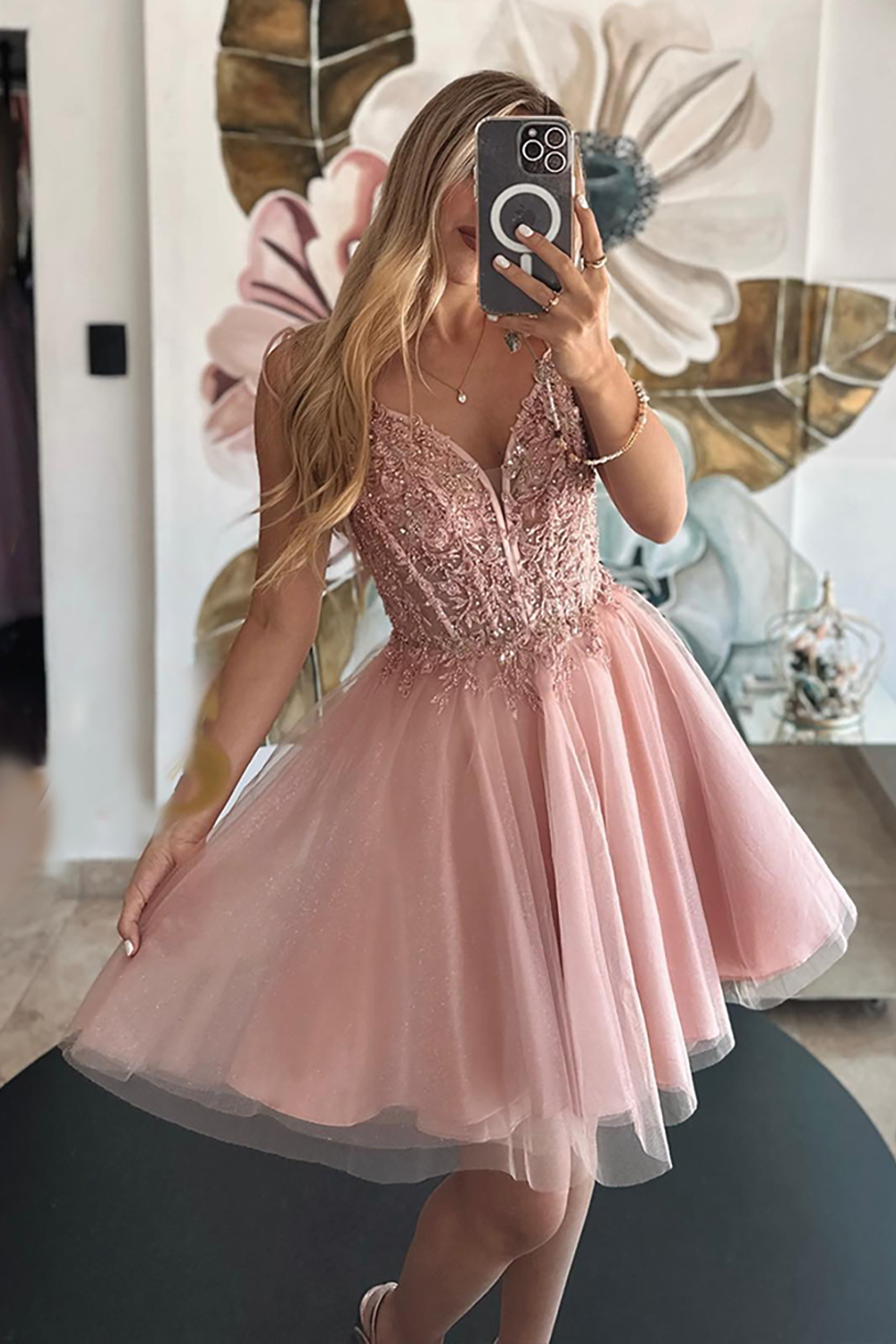 Sparkly Blush Tulle Corset A Line Short Homecoming Dress with Appliques