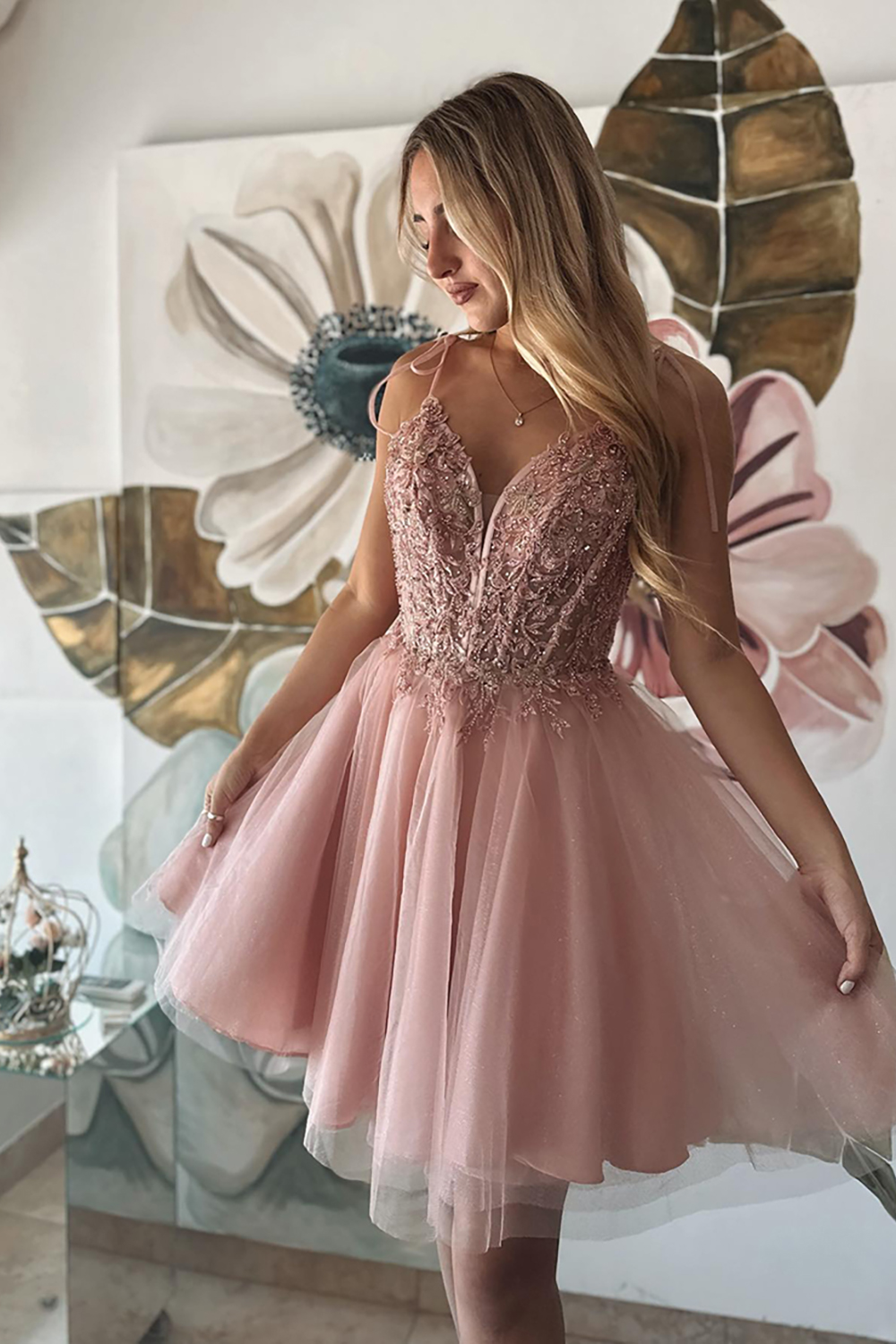 Sparkly Blush Tulle Corset A Line Short Homecoming Dress with Appliques
