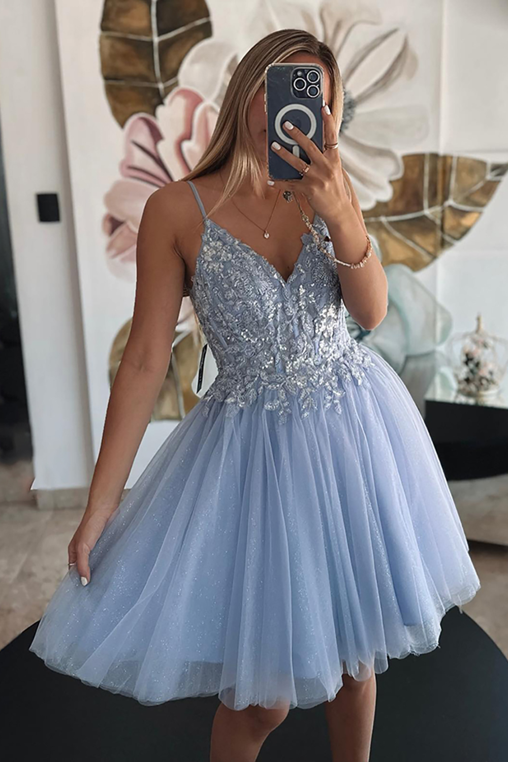 Sparkly Grey Blue Tulle A Line Short Homecoming Dress with Sequins