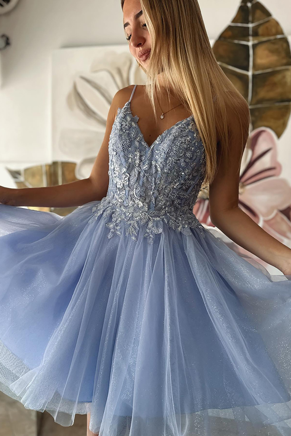 Sparkly Grey Blue Tulle A Line Short Homecoming Dress with Sequins