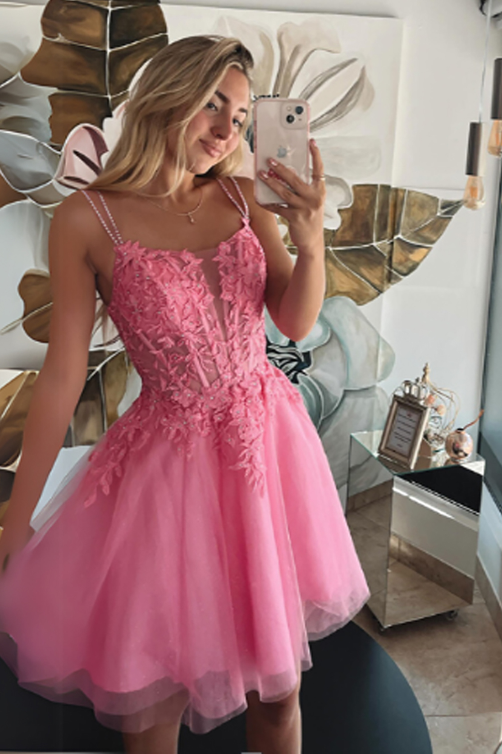 Sparkly Pink Corset A Line Tulle Short Homecoming Dress with Appliques