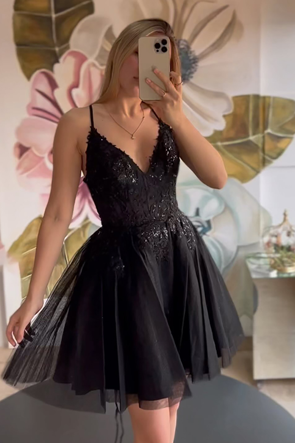 Sparkly Black Tulle A Line Short Homecoming Dress with Lace